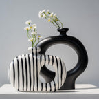 Relexome Donut Vases Set of 2,Black & White Striped Hollow Ceramic Flower Vases,Modern Nordic Minimalist Round Decorative Vase for Pampas Grass,Dried Flowers,Living Room,Table Centerpiece & Home Decor