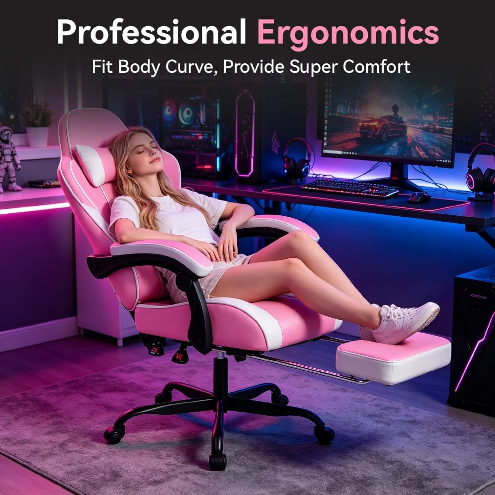 Video Gaming Chair, Ergonomic Computer Chair with Massage Lumbar Support, 90°-135° Reclining High Back Gaming Chair with Footrest, Adjustable Height 360° Swivel PU Leather Office Chair for Adults