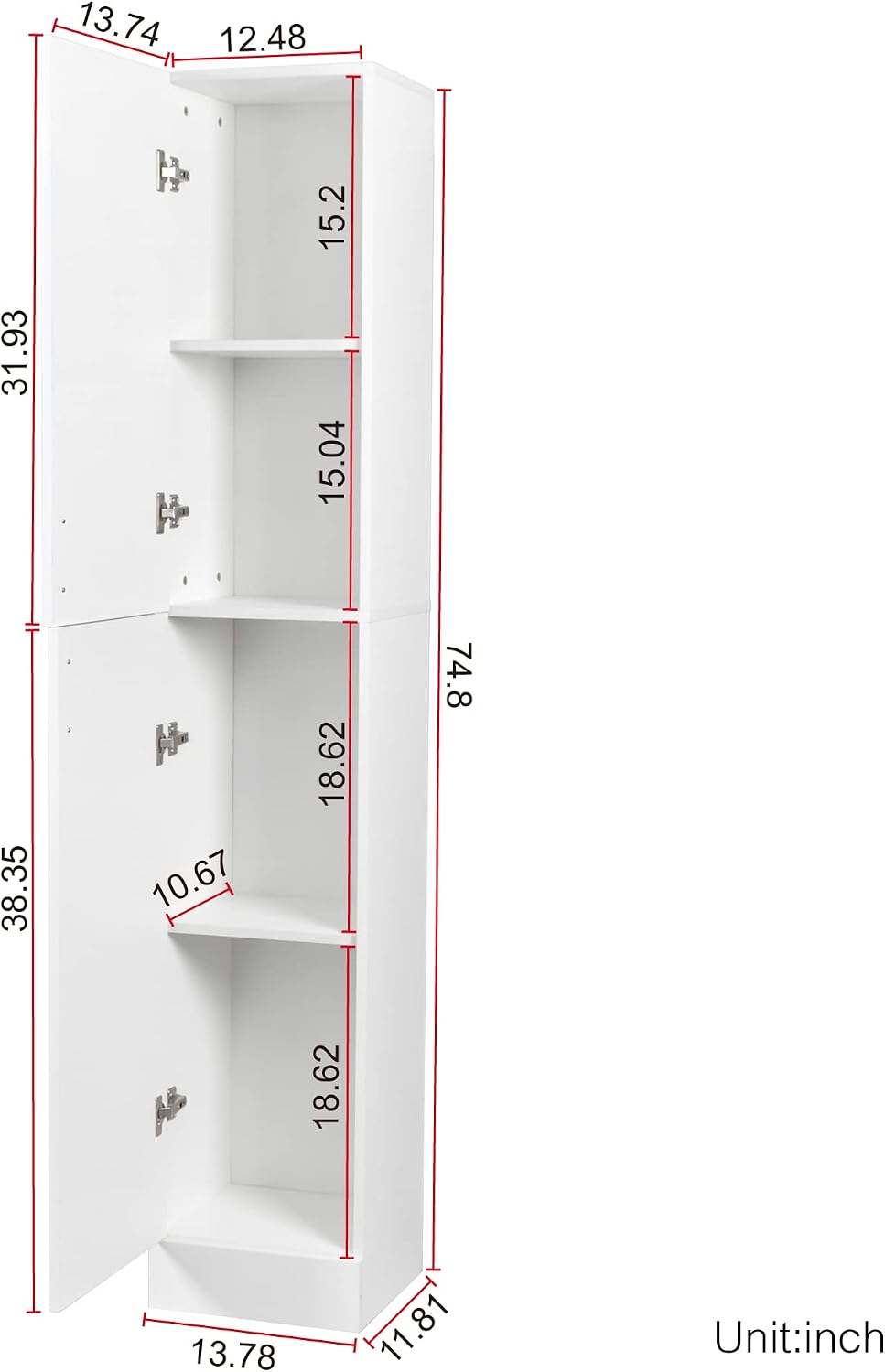 75 Inch Kitchen Pantry Cabinet with 2 Doors and Fixed Shelves, White | White particle board and MDF, kitchen dining room or study, 2 doors, 3 fixed shelves, melamine finish, 13.8 in W, 74.8 in H