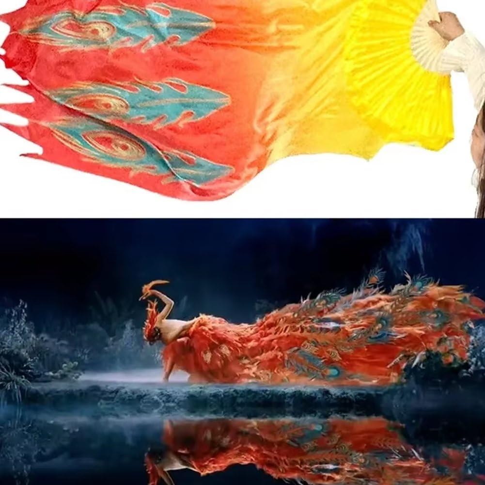 Belly Dance Fan Veil, Colorful Long Folding Bamboo Fan with Silk Streamers for Dancer Art Show Party Performance