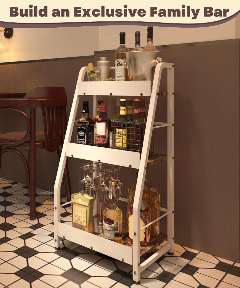 3-Tier Liquor Stand for Home Bar, Trapezoid Freestanding Whisky Bottle Holder with Fences, Stepped Versatile Liquor Bottle Display Shelf, Corner Floor Bar Stand for Liquor Storage, White