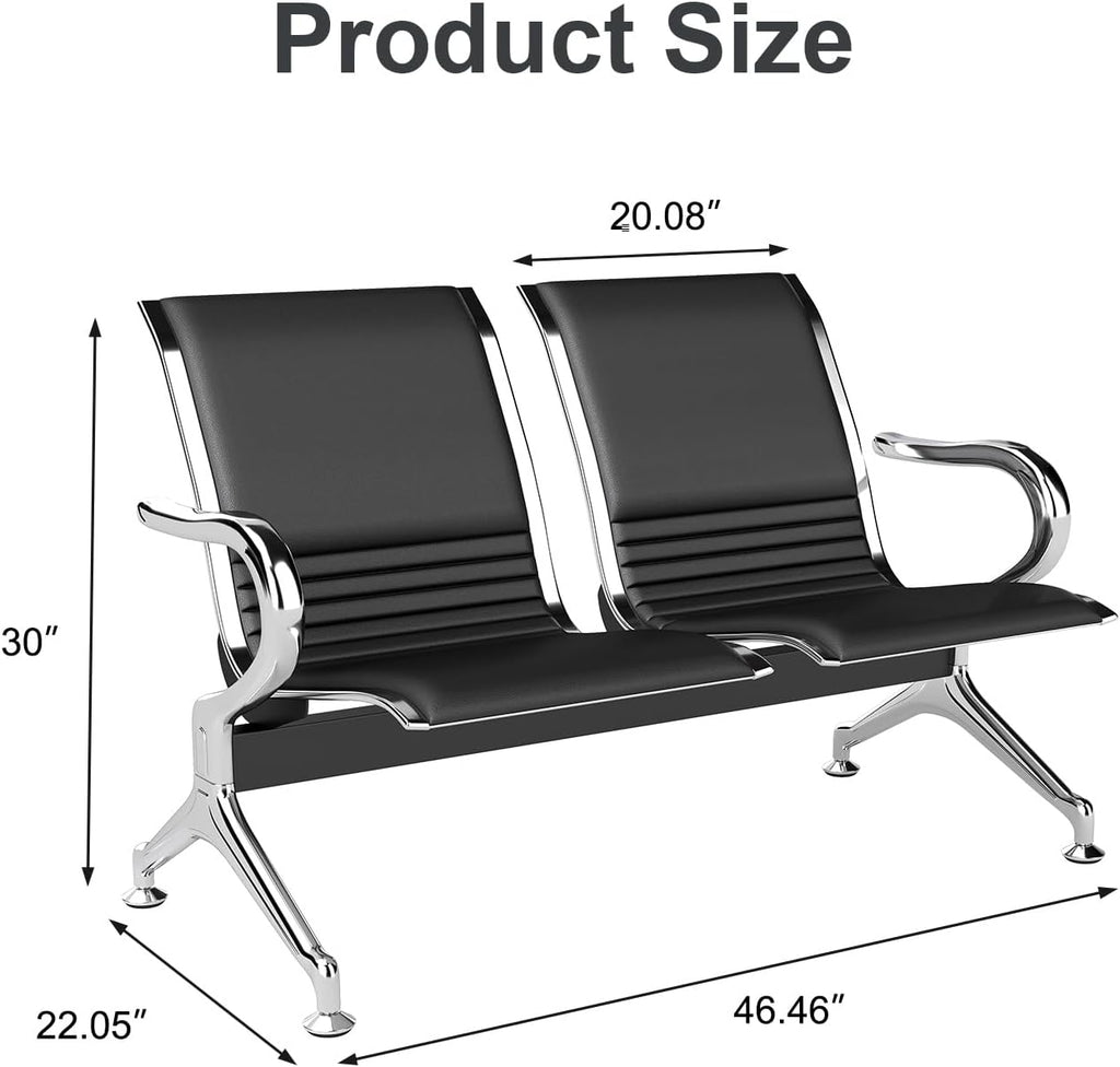 Kinsuite 2-Seat Waiting Room Bench - All PU Leather Waiting Room Chairs with Arms & Non-Slip Foot Mats, Reception Chairs Guest Chair for Office Airport Bank Salon, Black