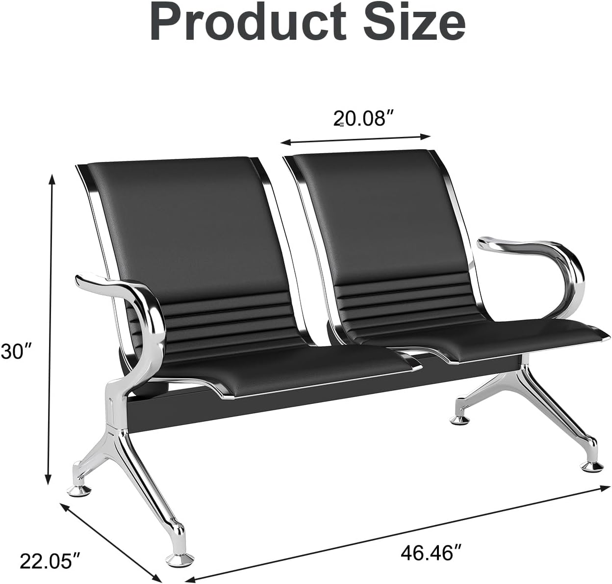 Kinsuite 2-Seat Waiting Room Bench - All PU Leather Waiting Room Chairs with Arms & Non-Slip Foot Mats, Reception Chairs Guest Chair for Office Airport Bank Salon, Black