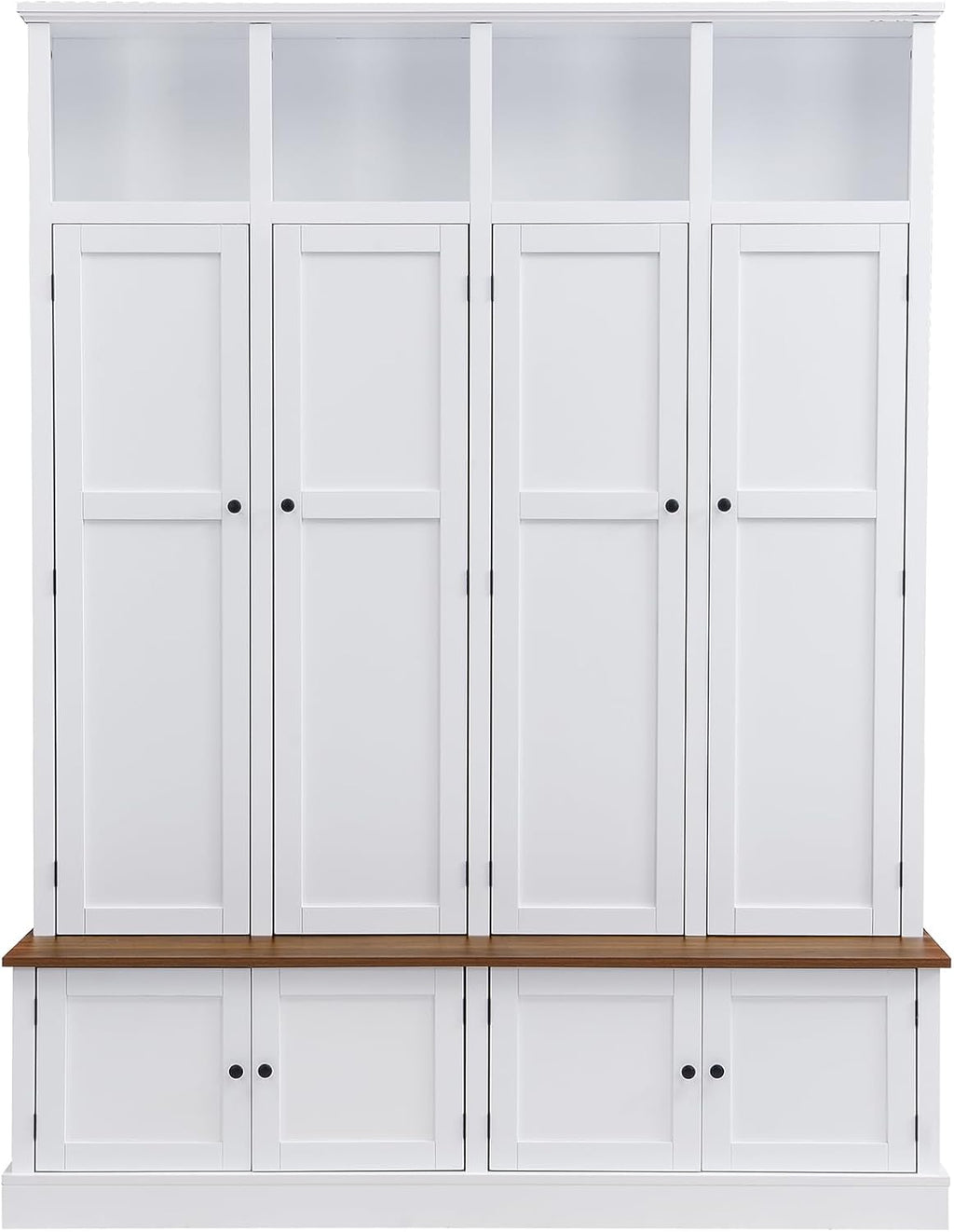 LUMISOL Farmhouse Hall Tree with Bench and Shoe Storage, Entryway Bench with Coat Rack, Hooks, 8 Cabinets & 4 Top Cubbies for Mudroom, Entrance, Hallway, White