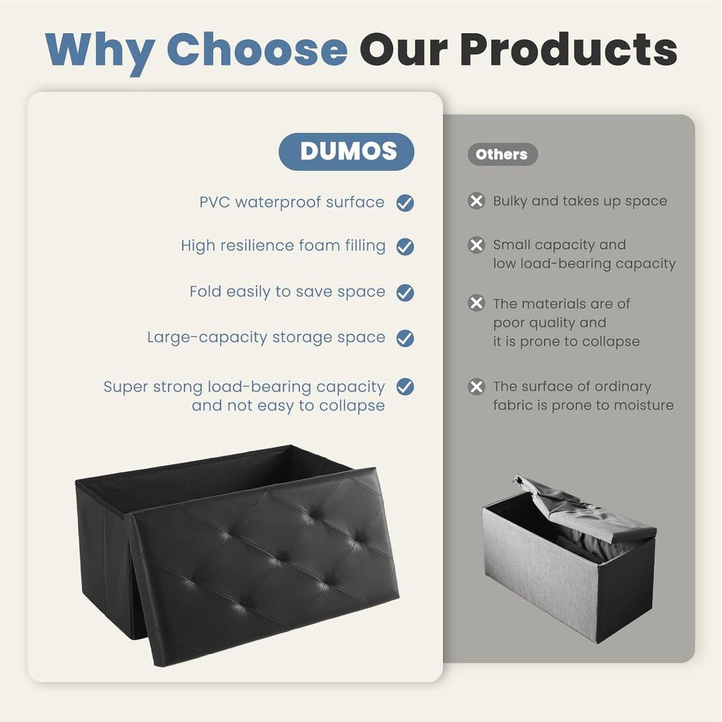 DUMOS 30 Inches Folding Ottoman with Storage Bench, Foot Rest Stool, End of Bed Storage Bench Upholstered, Load 660 lbs, for Living Room, Lychee Grain Leather, Black