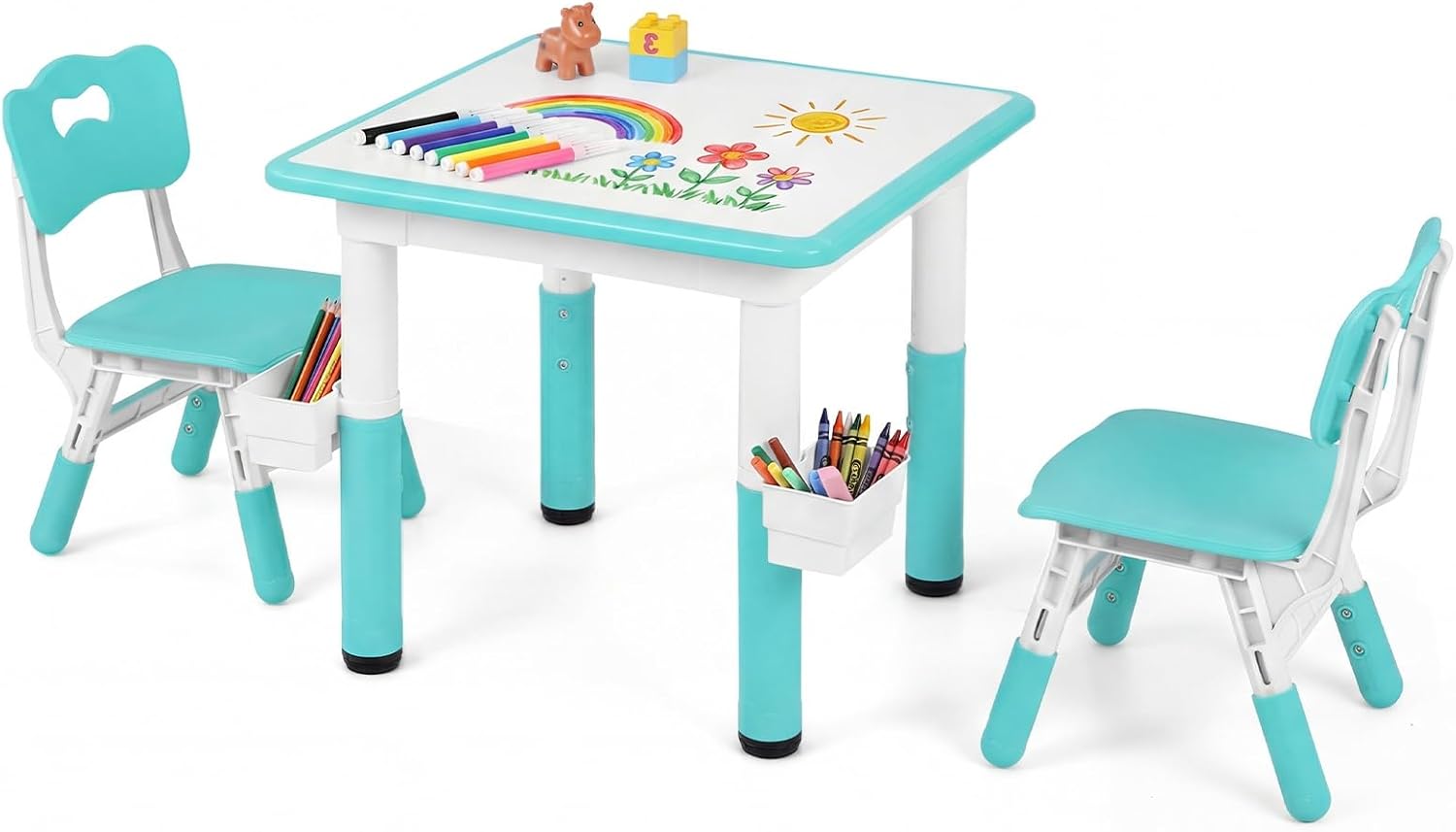 Olakids Kids Table and 2 Chair Set, Height Adjustable Toddler Activity Desk with Graffiti Desktop Storage Boxes, Children Furniture for Arts Crafts Learning Drawing (Light Green)
