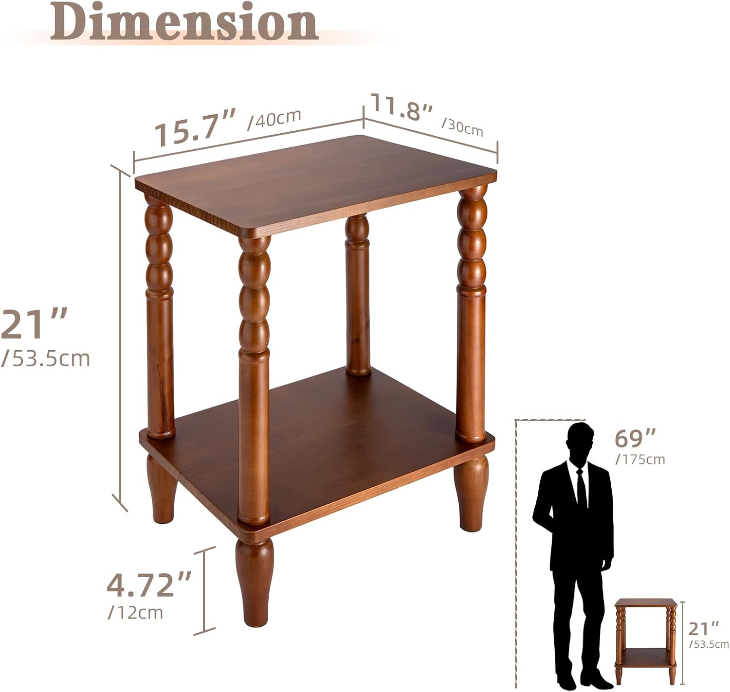 Solid Wood End Table with Storage Shelf, 2-Tier Small Side Table with Vintage Spindle Legs, Narrow Nightstand for Living Room, Bedroom & Small Spaces, Easy Assembly (Brown)
