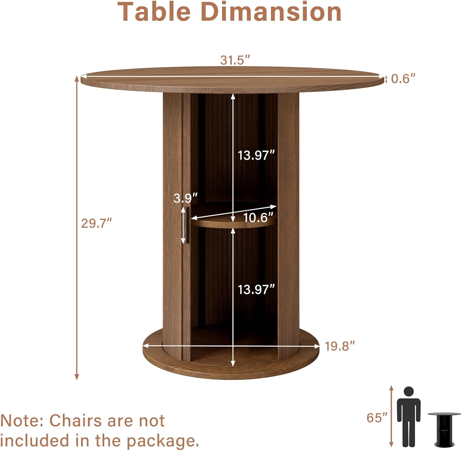 Round Dining Table with Storage,31.5" Modern Storage Kitchen Table for 2-4 People with Curved Sliding Door Fluted Wood Thickened Tabletop for Dining Room/Kitchen/Living Room,Brown
