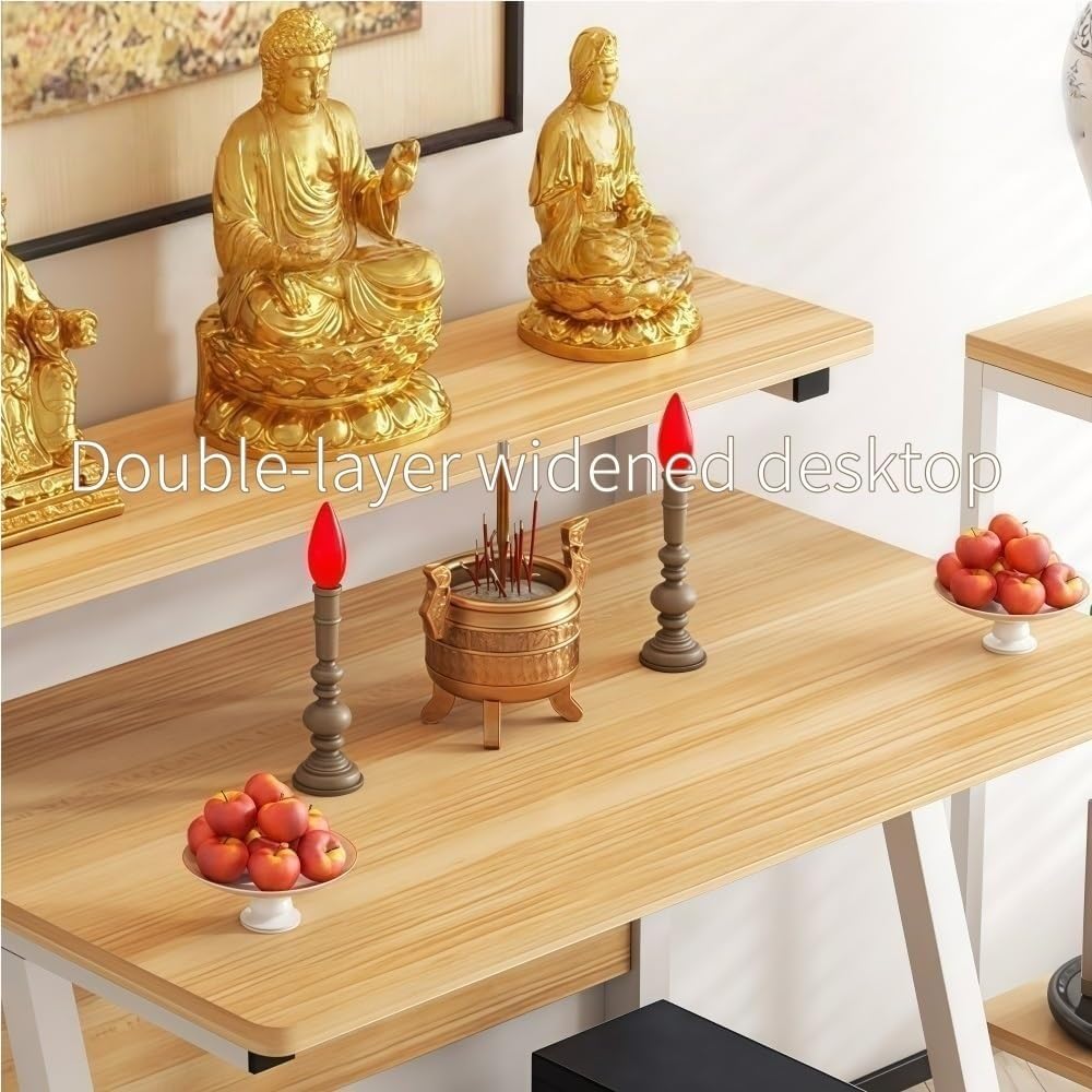 Altar Table with Dual-Tier Design, Compact Home Prayer Table with Storage Shelf for Buddha Statues, Incense, Offering(Brown,Large)