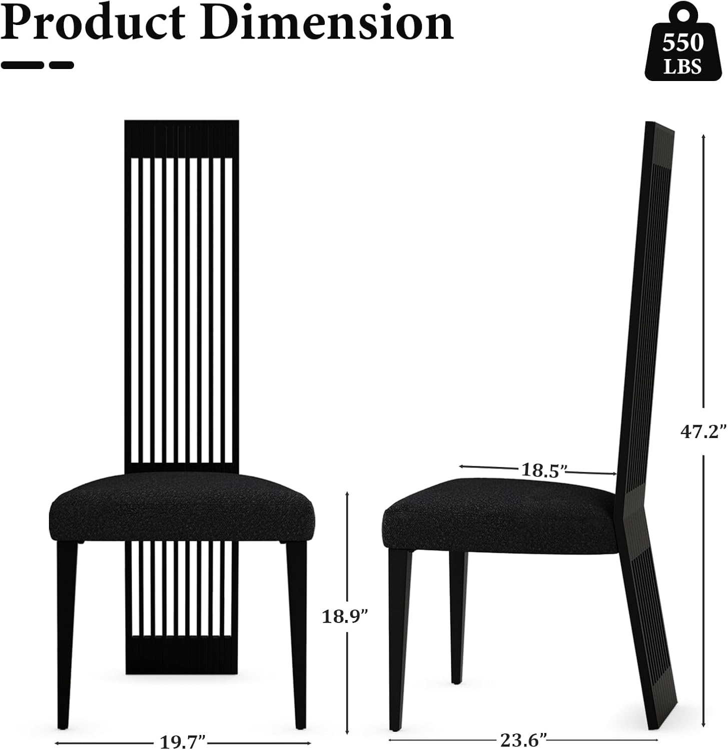 Modern Black Dining Chairs Set of 4, Upholstered High Back Dining Chairs with Stainless Steel Backrest and Legs, Luxury Dining Room Chairs for Kitchen Living Room Restaurant
