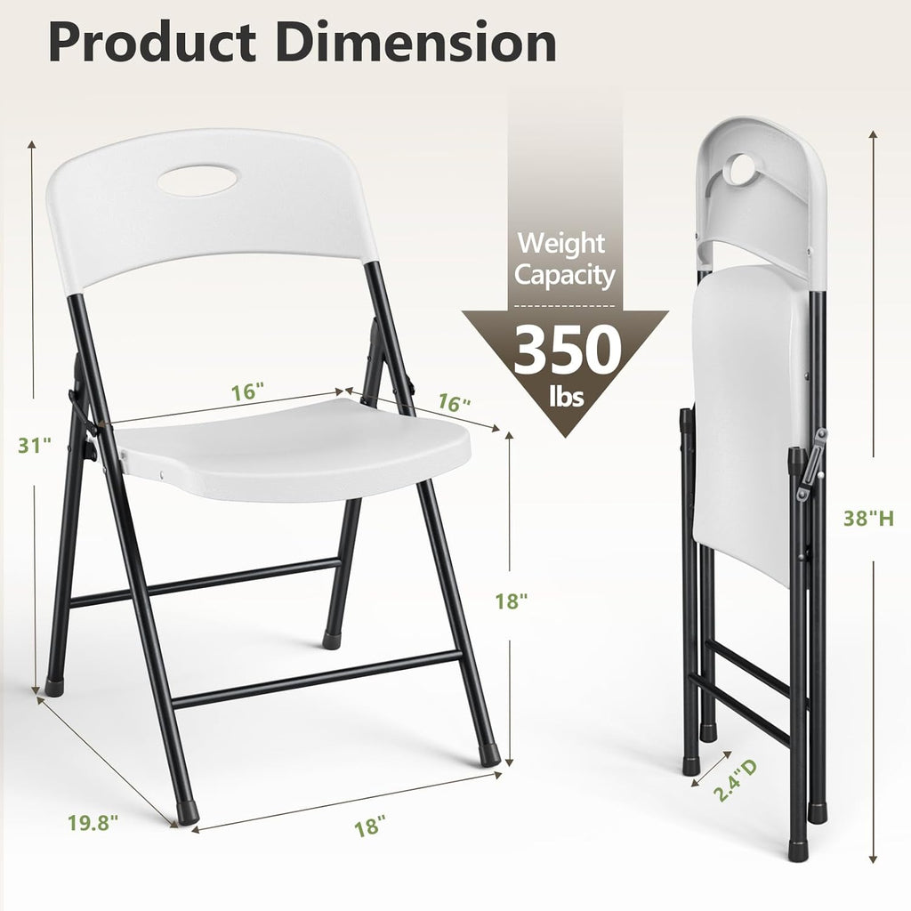 Folding Chairs 6 Pack, Outdoor Plastic Sturdy Metal Folding Chairs for Outside Indoor, Portable 350 lbs Capacity Heavy Duty Foldable Commercial Seating for Picnic, Party, Patio, Office, White