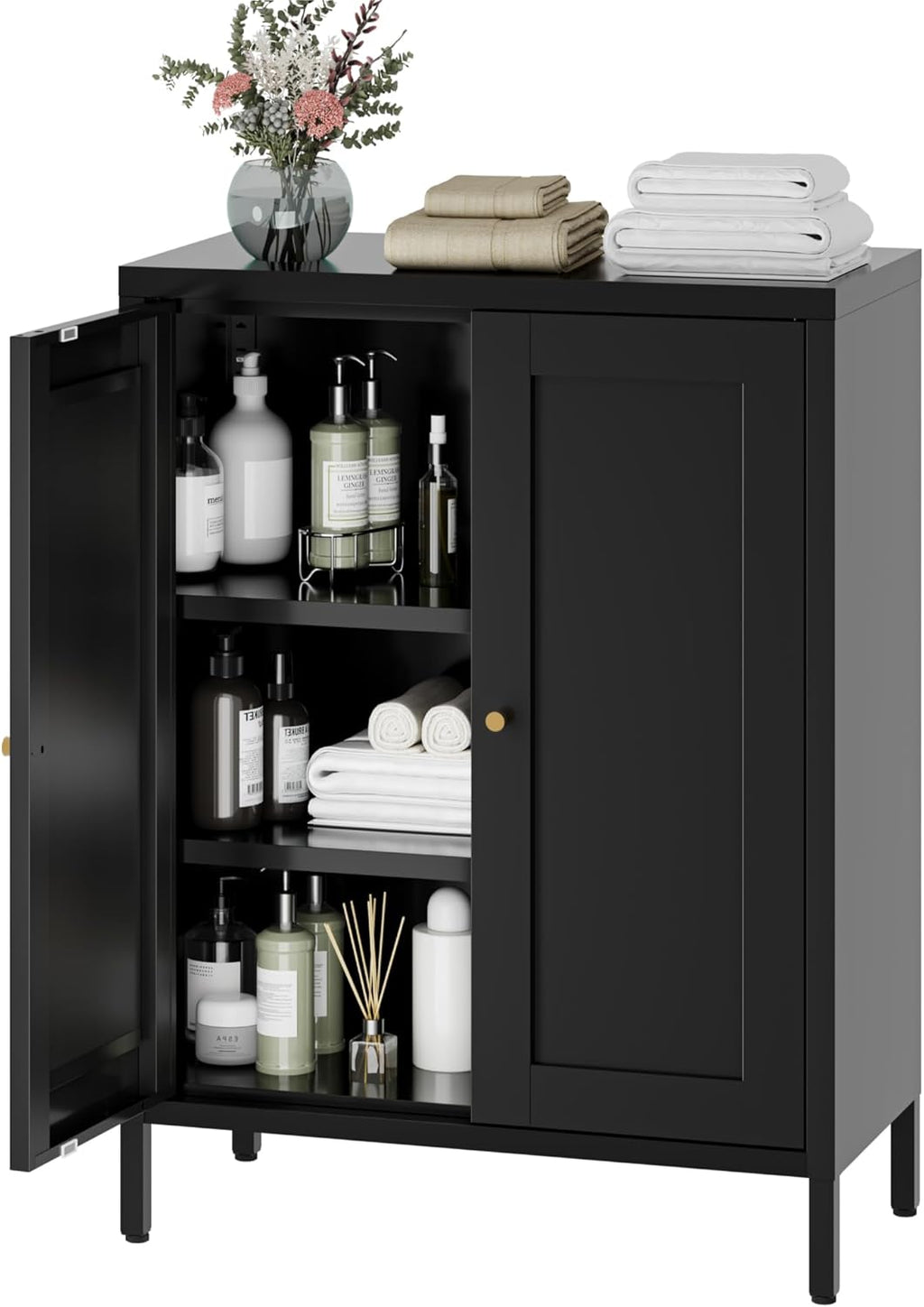 YAUWOH Small Metal Cabinet,Bathroom Storage Cabinet with 2 Adjustable Shelves and 2 Doors,Freestanding Sideboard for Small Spaces, Living Room, Home Office, Dining Room(1PC,Black)