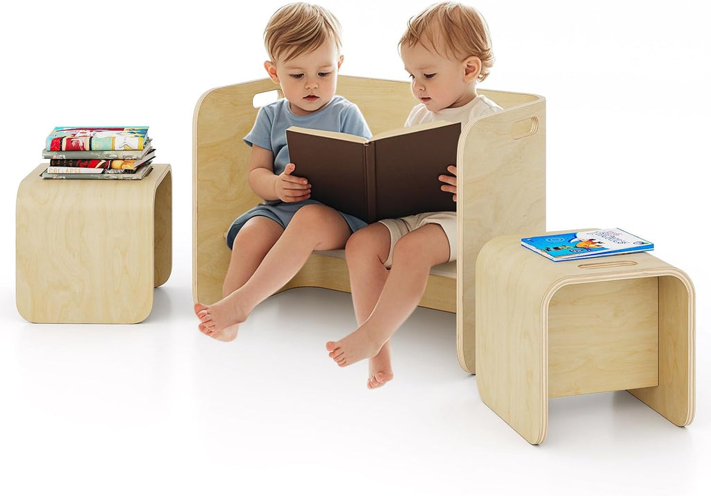 Costzon Kids Table and Chair Set, All in 1 Birch Wood Activity Table, Bench, Storage Shelves, Desk for Children Reading, Arts, Crafts, Snack Time, Fully Assembled, Toddler Table & Chair Set (Natural)