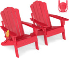 GREENVINES Oversized-Folding-Adirondack-Chairs-Set-of-2 | HDPE Plastic | Cup Holder | Fire Pit Chair | All Weather | for Outdoor Deck Backyard | Red