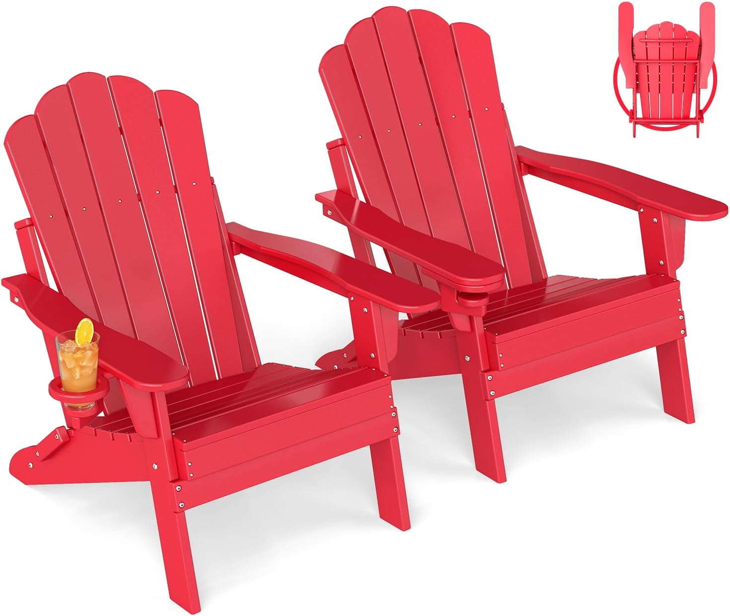 GREENVINES Oversized-Folding-Adirondack-Chairs-Set-of-2 | HDPE Plastic | Cup Holder | Fire Pit Chair | All Weather | for Outdoor Deck Backyard | Red