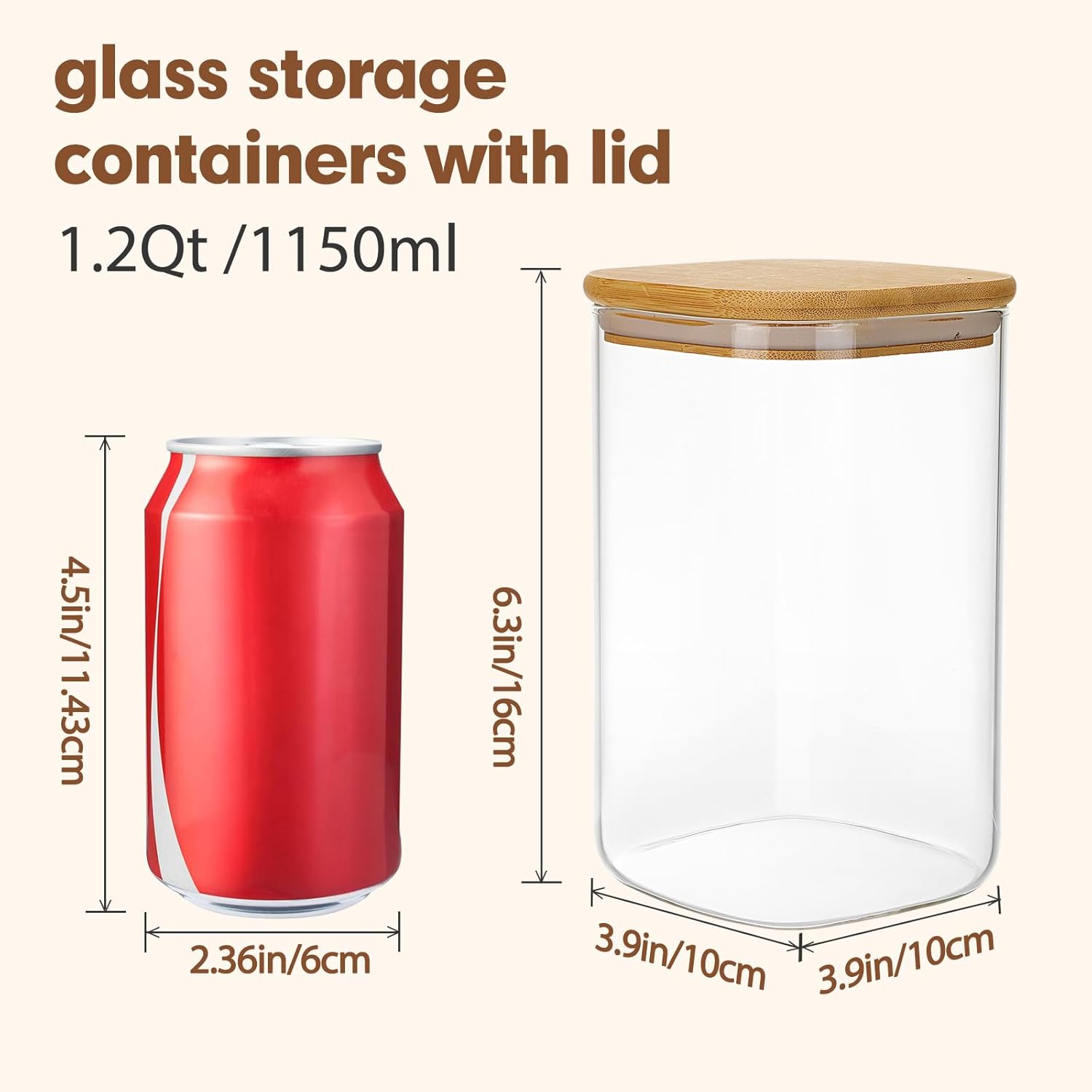 Moretoes 6 Pack 1.2qt Square Glass Storage Containers with Bamboo Press Lids, Airtight Pantry Storage Jars for Flour, Sugar, Dry Goods