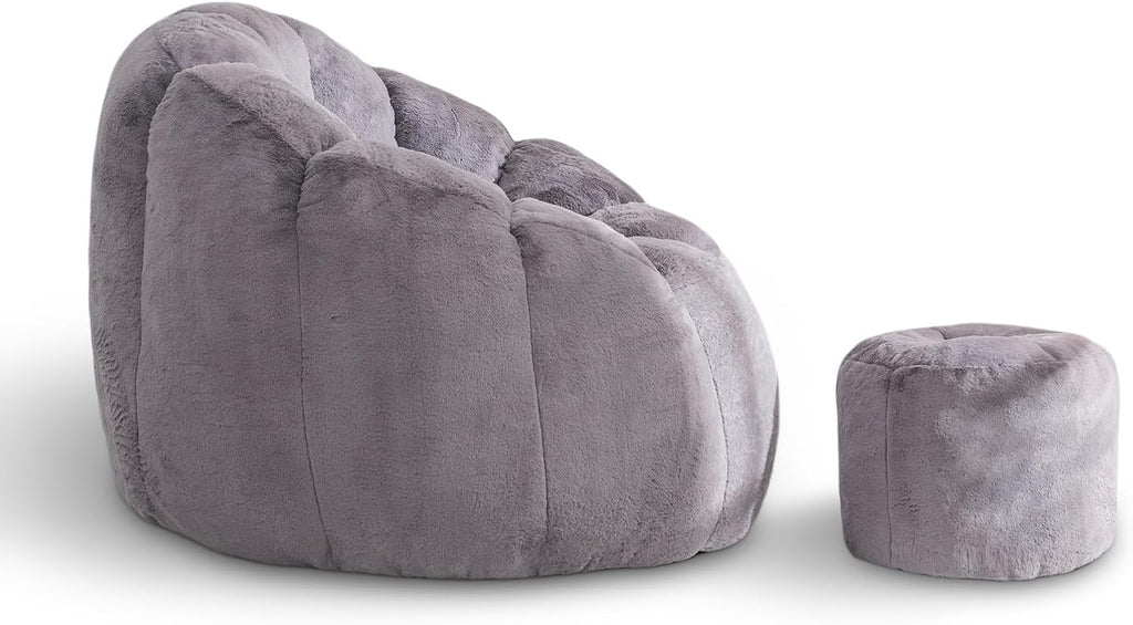 Bean Bag Chair, Bean Bag Chair with Ottoman, Stuffed Bean Bag Chairs with Filler, Big Beanbag Chairs with Filling for Living Room (Faux Fur in Gray, 40.6" D×41.4" W×27.6" H)