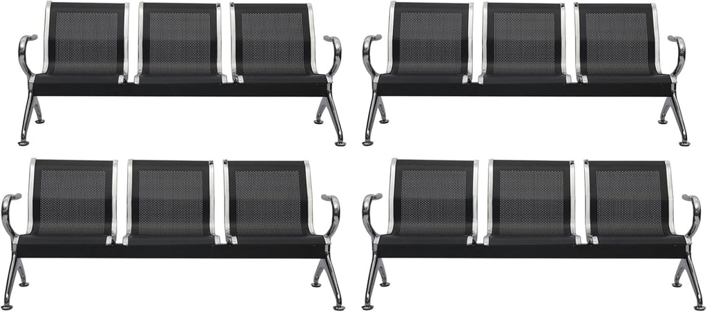 Kinfant Waiting Room Bench Set - Metal Office Guest Reception Seat Black Mesh Waiting Room Chairs with Armrest for Airport, Hospital, Bank, Salon, Barbershop, Hall(3-Seat, Set of 4)