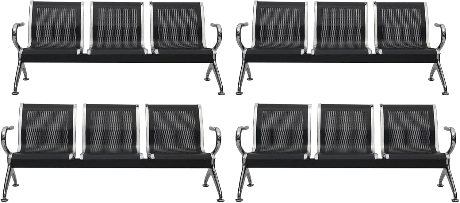 Kinfant Waiting Room Bench Set - Metal Office Guest Reception Seat Black Mesh Waiting Room Chairs with Armrest for Airport, Hospital, Bank, Salon, Barbershop, Hall(3-Seat, Set of 4)