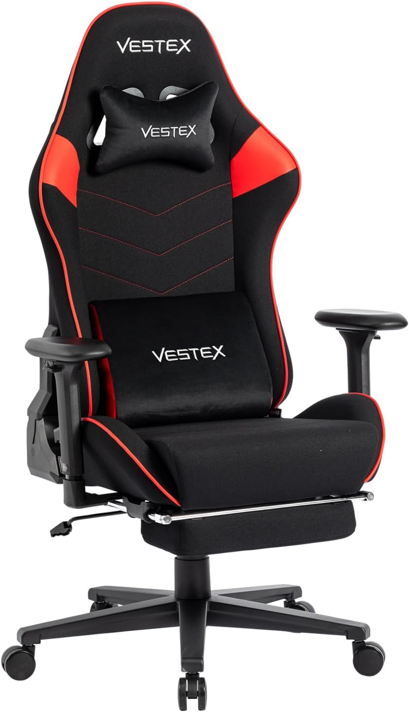 VESTEX VES-S2FTRD S2 Series Gaming Chair with Footrest, Red, High Water Repellent Mesh Fabric, Pocket Coil, Low Seat, Lumbar Support with Vibration Function, Back Pocket, 3D Wide Arm,