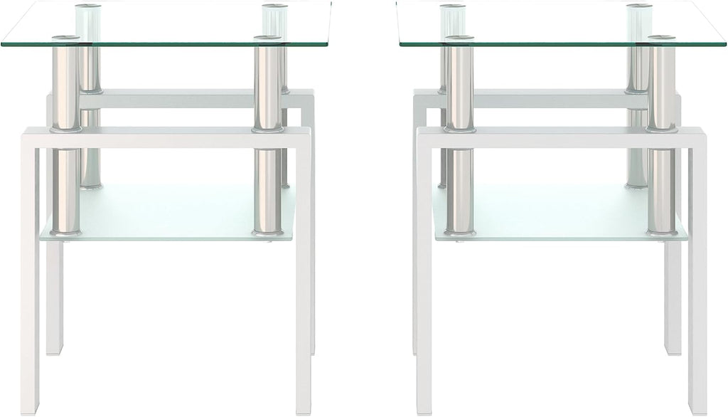 BIGTO 2 Pcs Tempered Glass Side Table, End Table for Living Room, Sofa Table White 17.72''*17.72''*20.5''Living Room Furniture