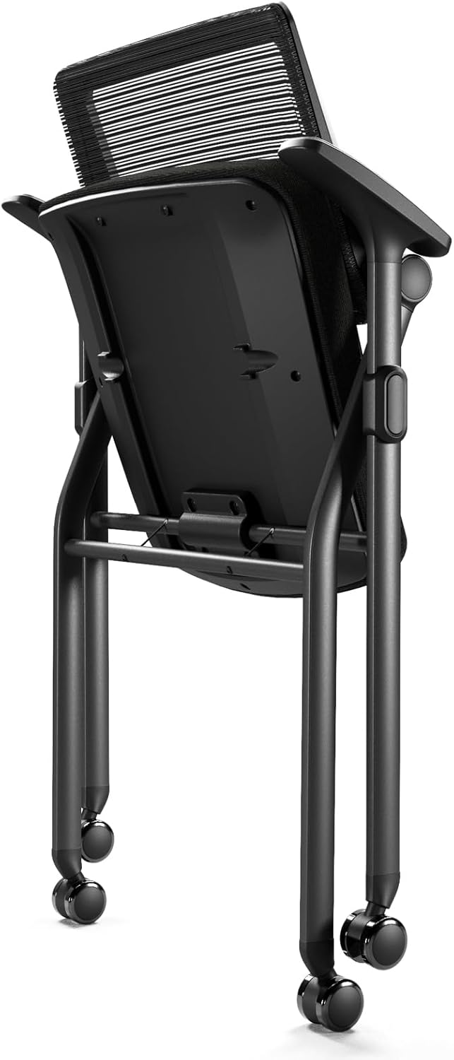 Foldable Office Chair with PU Wheels and Smooth Armrest-Ergonomic Mesh Bouncing Back, Stackable Conference Room Chair, Office Guest & Reception & Meeting Chair (Black)