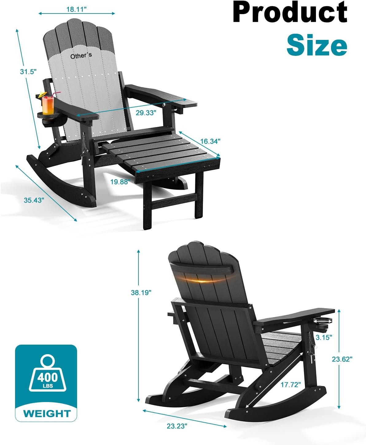 Adirondack Rocking Chairs with Retractable Ottoman & Cup Holders, 6-in-1 Folding HDPE Outdoor Rockers for Patio, Porch, Lawn, Black
