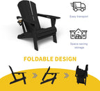 Kingdura Foldable Adirondack Chair, Portable HDPE All Weather Resistant Outdoor Patio Chair, Wooden Textured with Cup Holder, 380LBS Capacity for Poolside, Backyard, Deck, Fire Pit (Black)