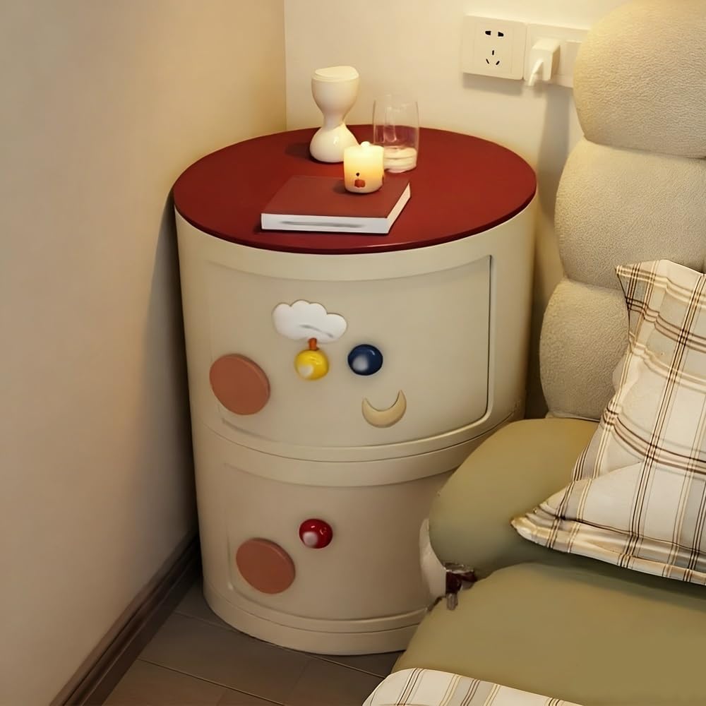 Minimal Style Bedside Table, Stylish Round Storage Cabinet, Creative Plastic Side Table with Doors, Atmospheric Multi-Layer Bathroom Storage Cabinet(White,58cm/22.8in)