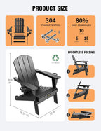Folding Adirondack Chair Set of 2, Wooden Textured Plastic Adirondack Chairs with 2 Cup Holder, Weather Resistant HDPE Fire Pit Chair, Outdoor Patio Chairs for Garden, Backyard, Lawn, Deck, Black