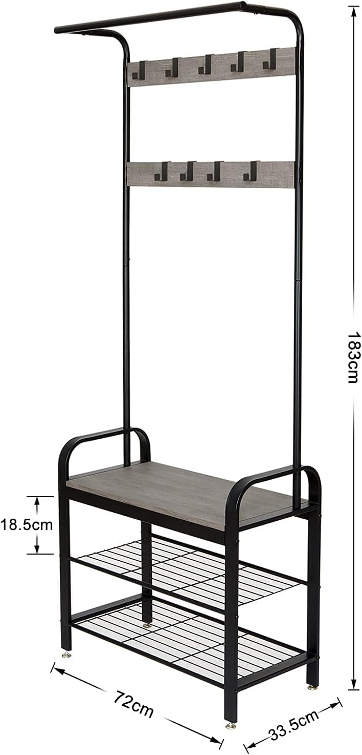 Meerveil Coat Stand, 183 cm Coat Rack with with Shoe Storage Bench, 9 Hooks | Coat and Shoe Rack Metal Clothes Rail Industrial Style for Hallway Entryway Small Space, 72 x 34 x 183 cm, Grey