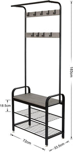 Meerveil Coat Stand, 183 cm Coat Rack with with Shoe Storage Bench, 9 Hooks | Coat and Shoe Rack Metal Clothes Rail Industrial Style for Hallway Entryway Small Space, 72 x 34 x 183 cm, Grey
