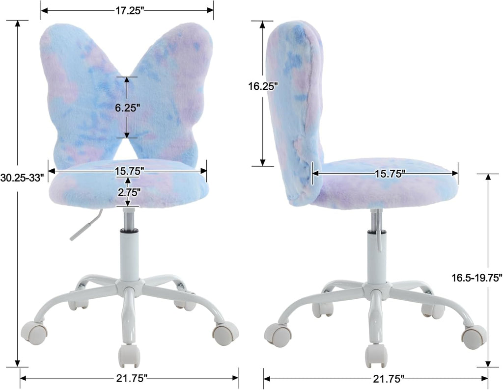 chairus Kids Desk Chair Butterfly Faux Fur Study Chair for Teenage Girls Adjustable Kids Vanity Chair for Bedroom Reading Living Room, Small Cute Student Task Chair with White Foot, Baby Blue