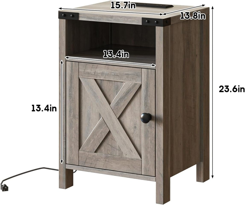 Fameill Farmhouse End Tables with Charging Station, Nightstand with Barn Door and Shelf, Rustic Living Room Bedroom Side Table, Wash Grey