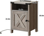 Fameill Farmhouse End Tables with Charging Station, Nightstand with Barn Door and Shelf, Rustic Living Room Bedroom Side Table, Wash Grey