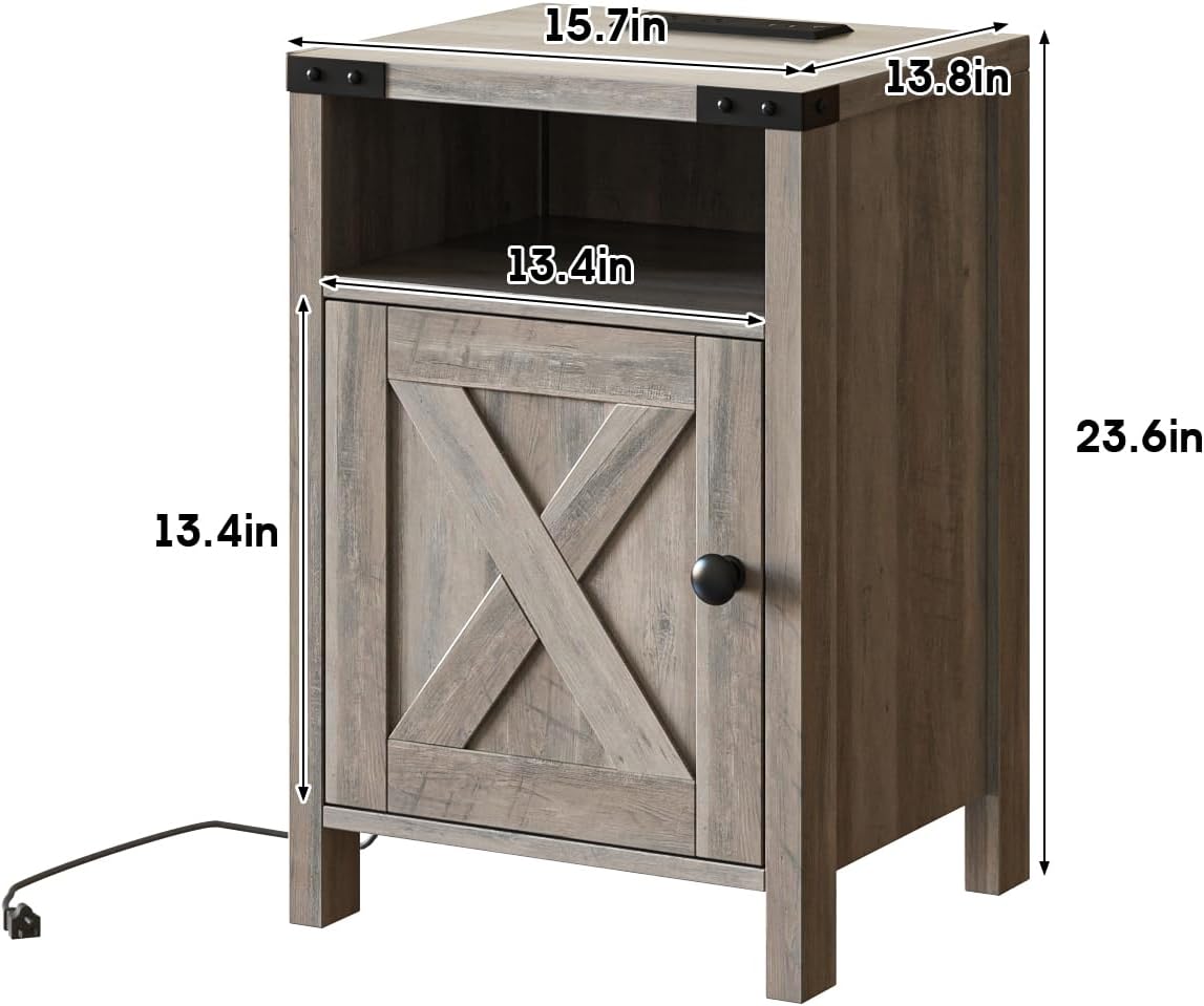 Fameill Farmhouse End Tables with Charging Station, Nightstand with Barn Door and Shelf, Rustic Living Room Bedroom Side Table, Wash Grey