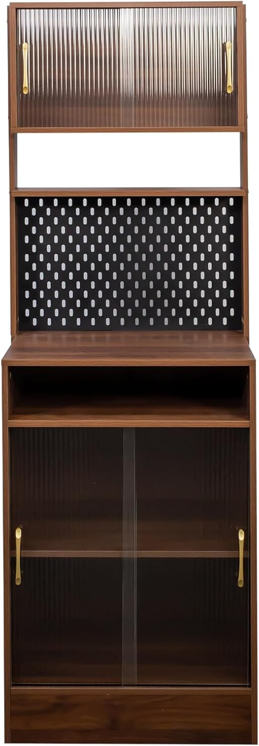 71" Kitchen Hutch Cabinet with Storage Pantry Storage Cabinet with Striped Glass Doors, Pegboard, Open Shelf and Countertop, Cupboard for Kitchen Dining Room, Walnut