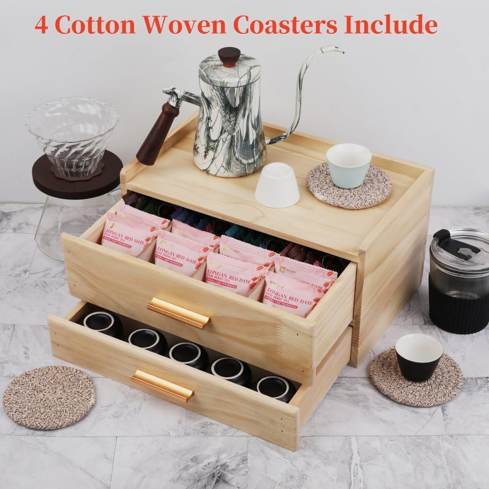 Tea Organizers with Drawer Wooden Tea Box | Teabag Holder with 4 Cotton Woven Coasters，Wooden Storage Box with Drawer