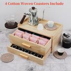 Tea Organizers with Drawer Wooden Tea Box | Teabag Holder with 4 Cotton Woven Coasters，Wooden Storage Box with Drawer