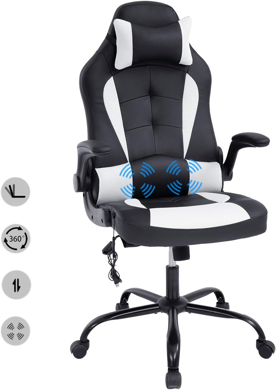 HCB Office Chair, Gaming Chair, Ergonomic Computer Desk Chair High Back Rolling Swivel Height Adjustable with Flip-Up Arms, Headrest and Lumbar Support, Massager, Leather （White）