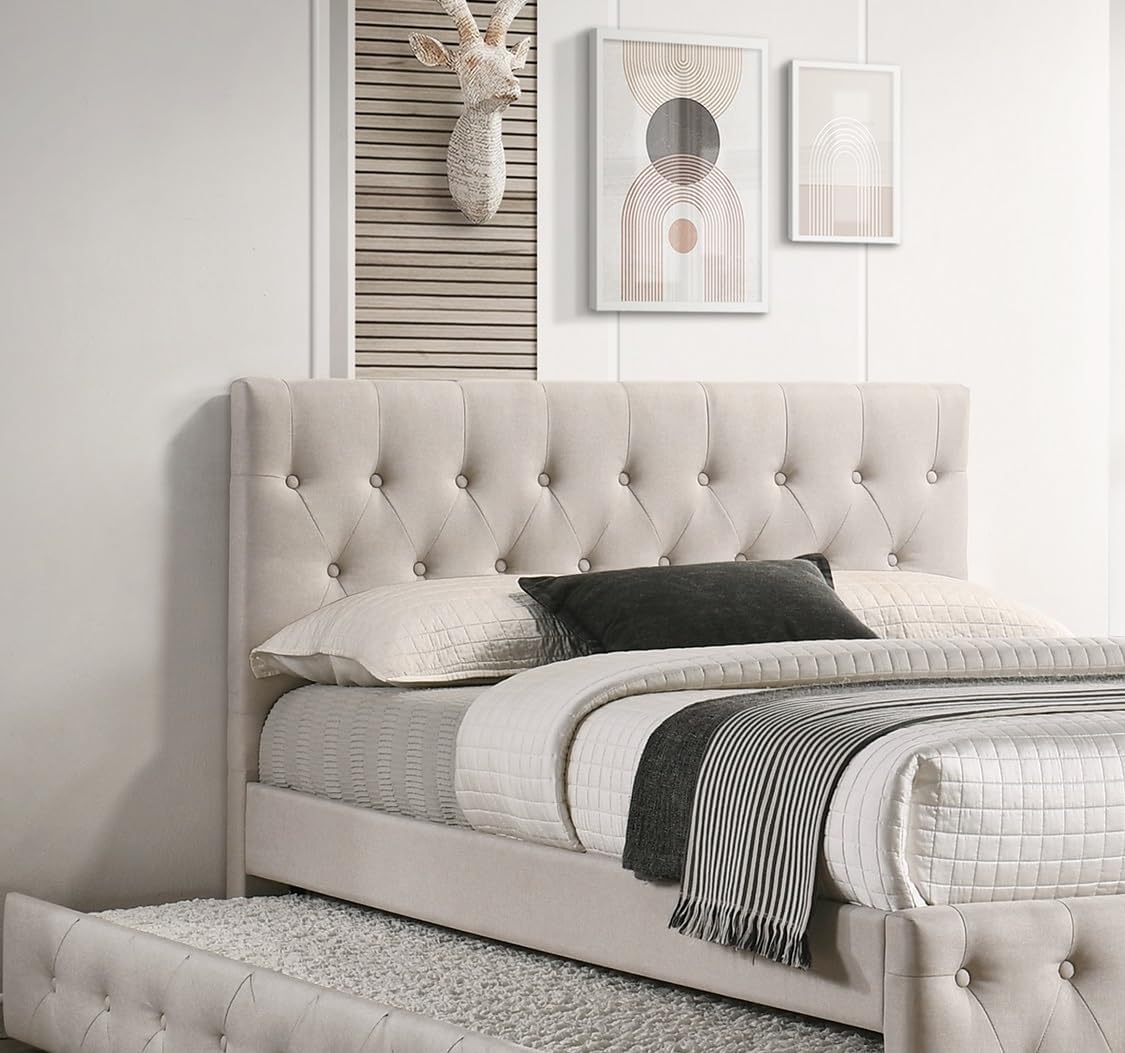 Contemporary Twin Size Bed w, Trundle Slats Light Brown Burlap Upholstered Tufted Headboard Footboard Youth Bedroom Furniture Wooden Slats 1pc Bed