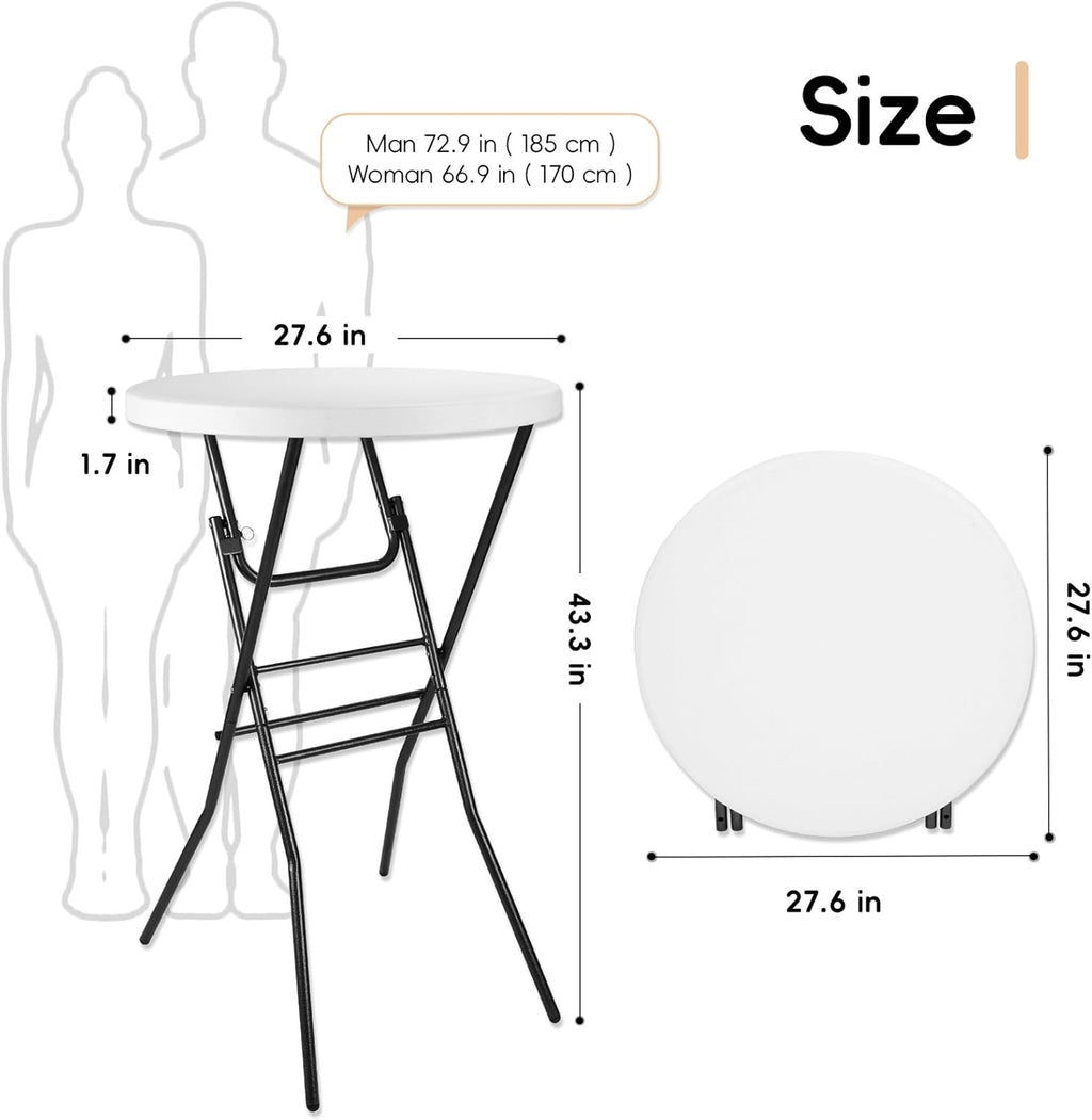 pollilar Cocktail Table 28in Portable Folding Bar Height Table, Compact Round High Top Plastic & Steel Bistro with Removable Legs, for Indoor Outdoor RV Patio Catering Parties Commercial Events-White