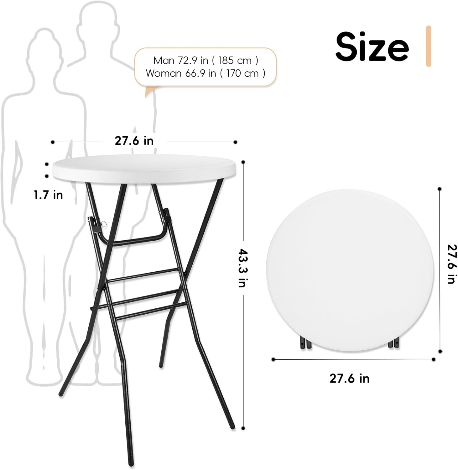 pollilar Cocktail Table 28in Portable Folding Bar Height Table, Compact Round High Top Plastic & Steel Bistro with Removable Legs, for Indoor Outdoor RV Patio Catering Parties Commercial Events-White