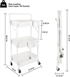 3-Tier Folding Rolling Utility Cart with Wheels, Foldable Storage Cart Organizer with 3 Hanging Cups & 6 Hooks for Kitchen, Office, Living Room, Nursery(White)
