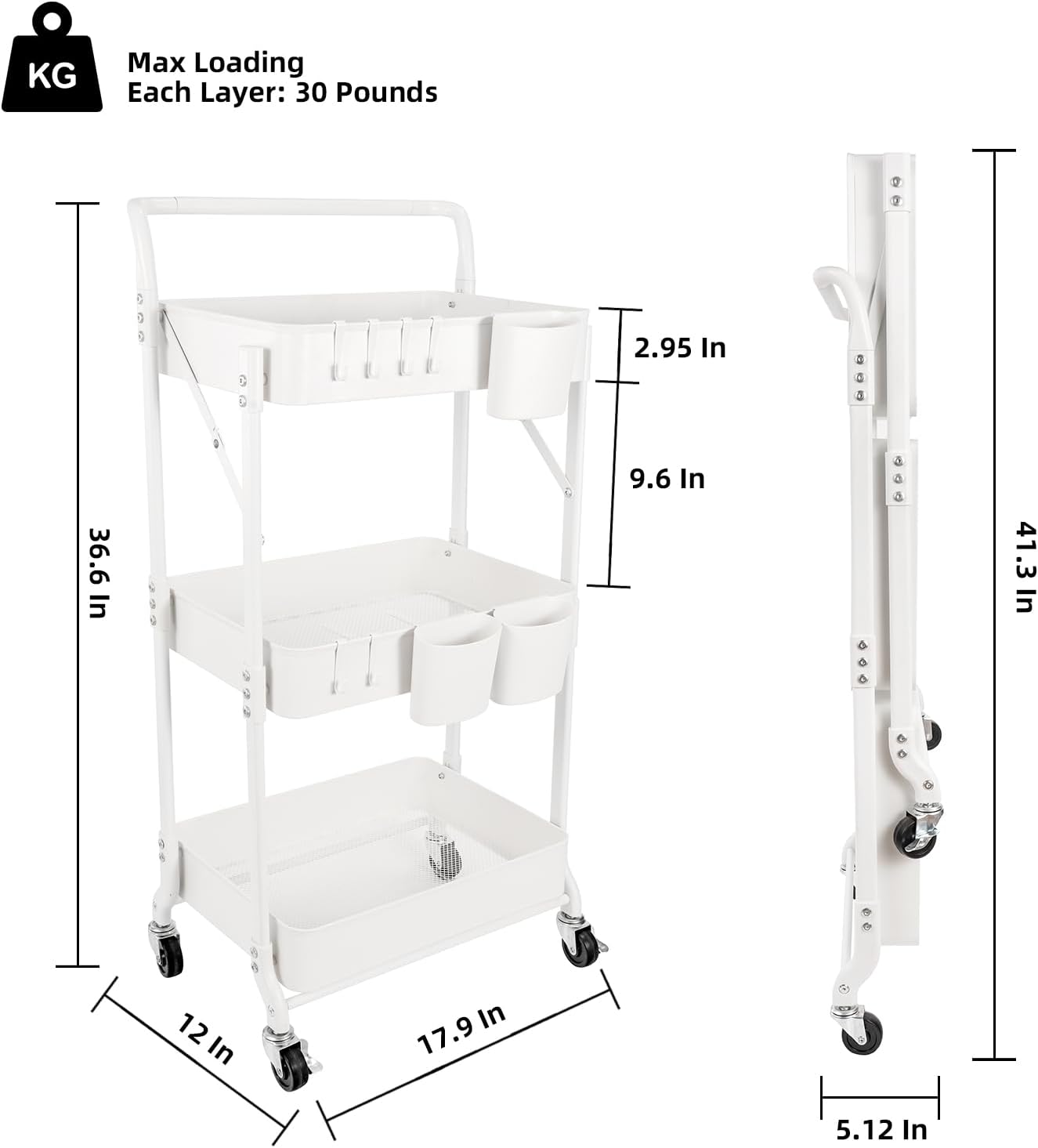 3-Tier Folding Rolling Utility Cart with Wheels, Foldable Storage Cart Organizer with 3 Hanging Cups & 6 Hooks for Kitchen, Office, Living Room, Nursery(White)