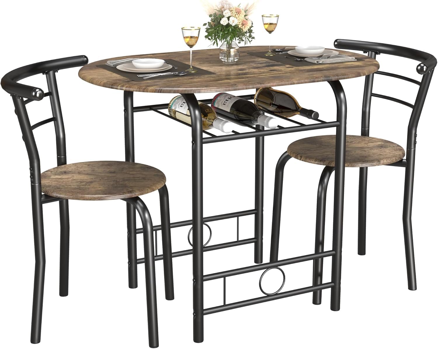 JUMMICO 3-Piece Wooden Round Table & Chair Set, Space Saving Kitchen Breakfast Nook Wood Grain Tabletop with Metal Frame and Built-in Wine Rack for Kitchen, Dining Room (Walnut/Black)