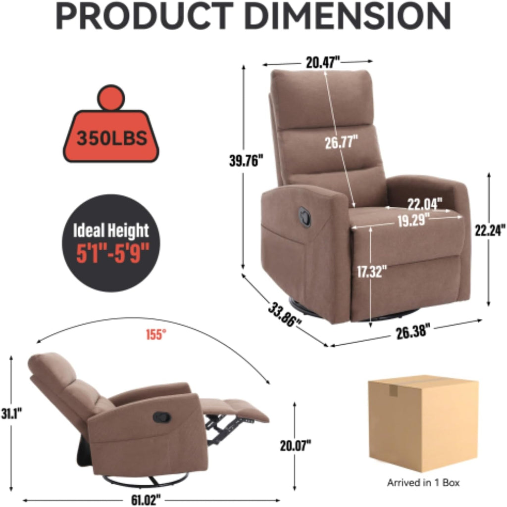 Manual Swivel Rocking Recliner Chair, Fabric Upholstered Glider Seat with 155 Degree Backrest Adjustment, Side Pull Handle, Foam Cushioned Support, Pocket Storage, Living Room Nursery (Brown)