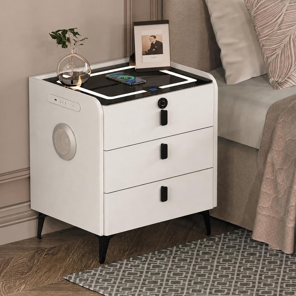 Smart Nightstand with Wireless Charging, with Fingerprint Lock Drawer, Night Stand with Charging Station,2 USB, LED Lights Bluetooth Speaker Side Table for Bedroom/Living Room (White)