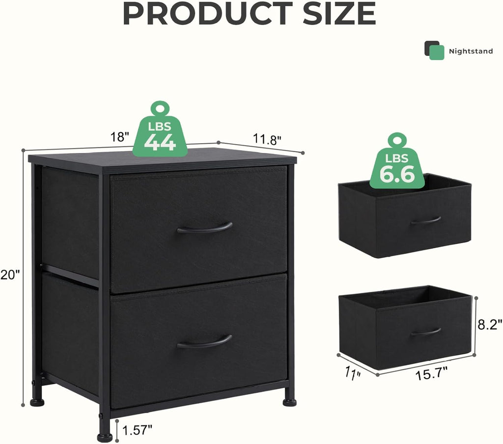 Fabric Dresser 2 Drawers, Nightstands with Adjustable Feet, End Table Set of 2