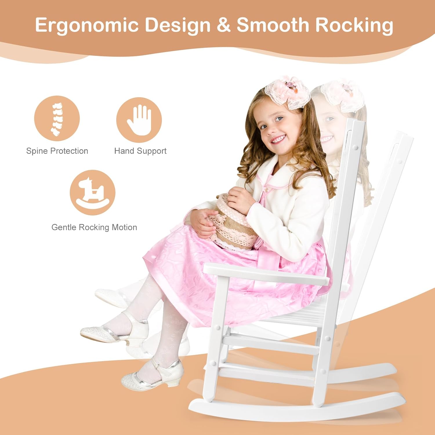 Outvita Wood Children's Rocking Chair, Perfect for Indoor or Outdoor All-Weather Wooden Porch Rocker for Garden, Yard, and Balcony, Patio Rocking Chair Suitable for Kids Ages 6-10(White)